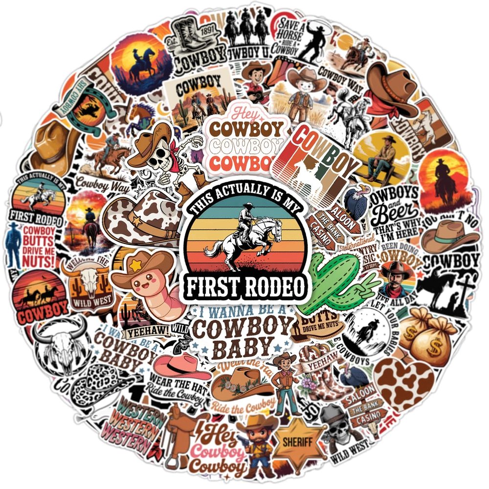 100PCS Cowboy Stickers Western Rodeo, Country Boy Aesthetic, Wild West Waterproof Vinyl Decals for Laptop, Water Bottle, Scrapbook, Luggage