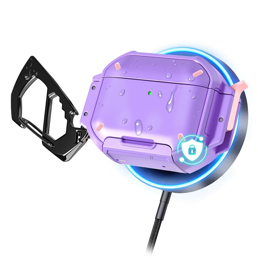 MOLOVA for AirPods Pro 3 Case with Lock & Carabiner, [Military-Grade Protection] [IP68 Waterproof] [Supports Wireless Charging] Anti-Scratch Hard Shell Cover for AirPods Pro 3rd Gen,Lavender