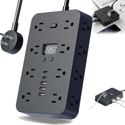16 in 1 Power Strip Surge Protector,Portable Flat Plug Surge Protector Power Strip with 8 Outlets & 4 USB Ports,5ft Flat Wall Extension Cord Surge Protector for Home Office (Black, 1.5m)