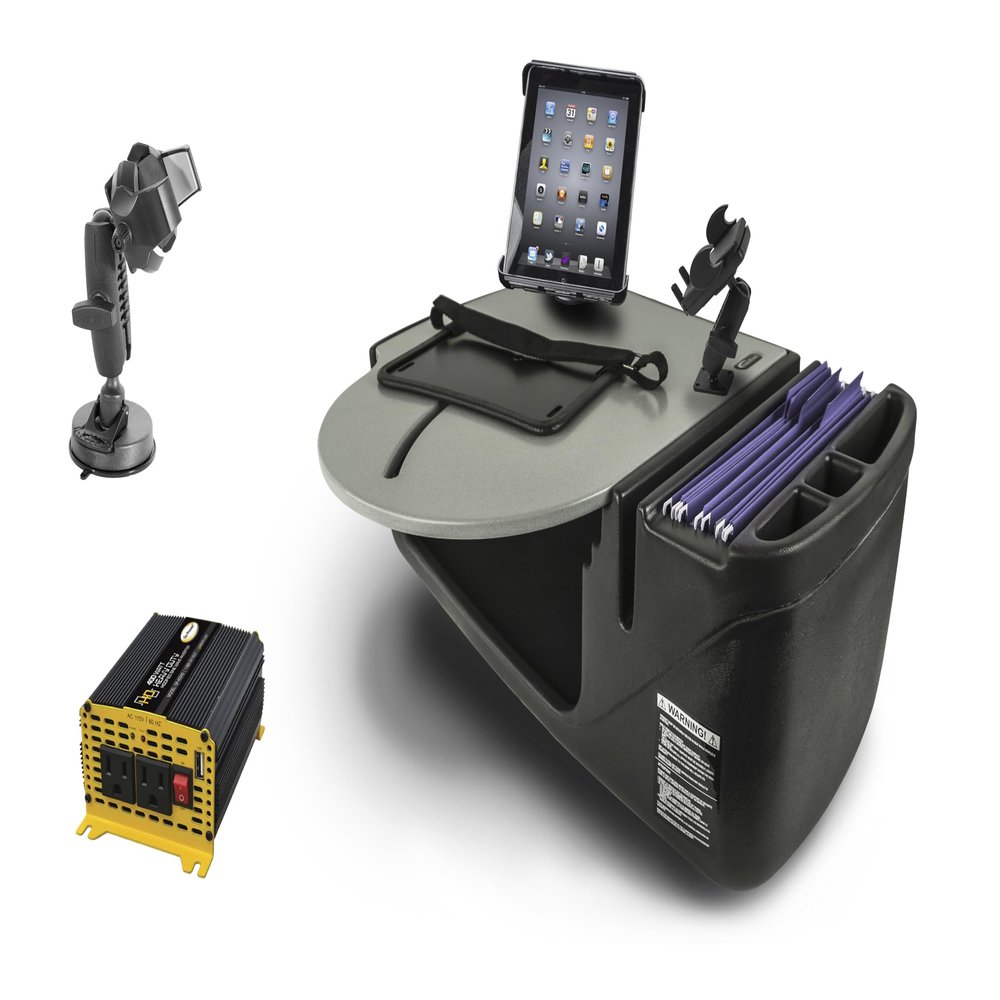 AutoExec Roadmaster Car Desk for Your Vehicle Workstation and Mobile Office, Grey, with 400 watt Power Inverter, Phone Mount, Tablet Mount and Suction Phone Mount