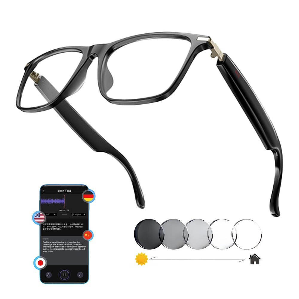 MNVOEQ AI Smart Wireless Bluetooth Translation Glasses for Men/Women with Speakers/Bluetooth&140+ Languages Translation Sports/Travel/Drive/Busniess (M1+AI+Color Change Lenses+Black)