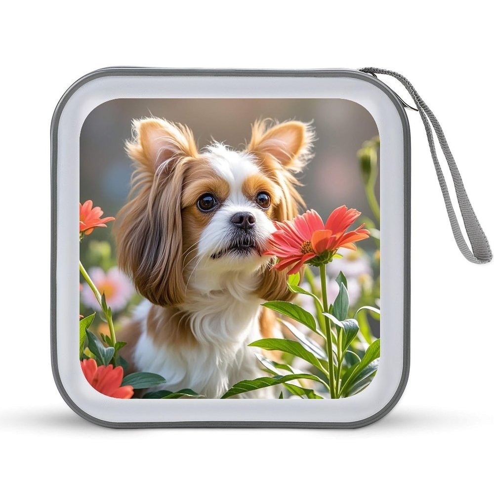BTCOWZRV Shih Tzu Dog And Flowers CD Case Hard Plastic 40 Capacity DVD Case Holders Wallet Portable Zipper CD Case DVD Storage Binder Disc Storage Organizer for Car Home Office Travel