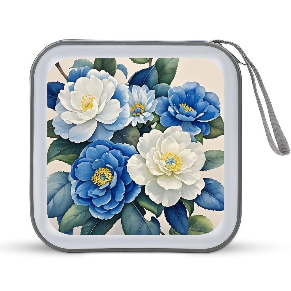 BTCOWZRV Blue And White Flowers CD Case Hard Plastic 40 Capacity DVD Case Holders Wallet Portable Zipper CD Case DVD Storage Binder Disc Storage Organizer for Car Home Office Travel
