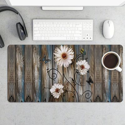 White Daisies & Rustic Wood Plank Large Gaming Mouse Pad 12x24 Inch Extended Desk Mat, Non-Slip Rubber Base Keyboard & Mouse Pad, Waterproof Computer Desk Pad for Office Home Gamer Desk Accessories