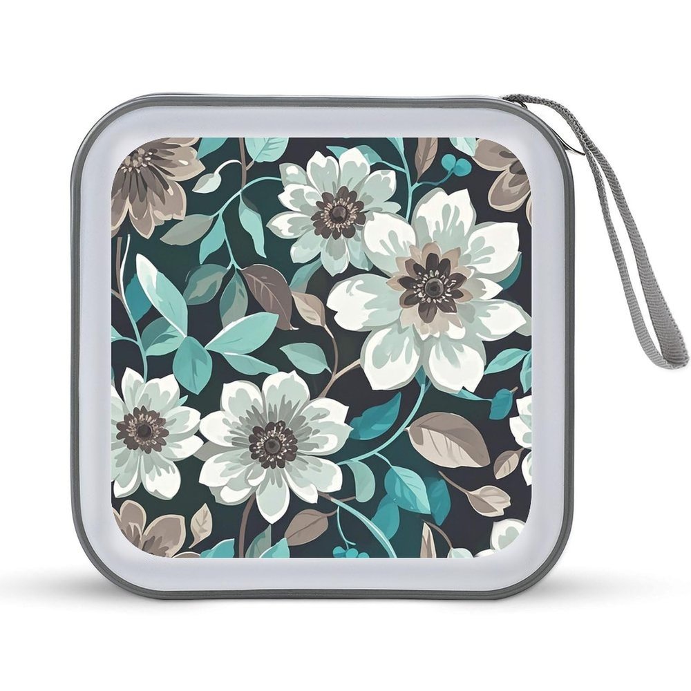 BTCOWZRV Teal Grey And White Floral CD Case Hard Plastic 40 Capacity DVD Case Holders Wallet Portable Zipper CD Case DVD Storage Binder Disc Storage Organizer for Car Home Office Travel