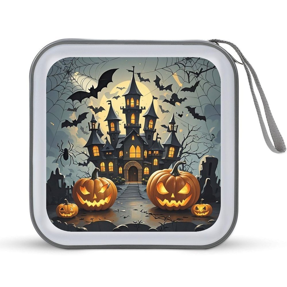 BTCOWZRV Pumpkin Lantern Castle CD Case Hard Plastic 40 Capacity DVD Case Holders Wallet Portable Zipper CD Case DVD Storage Binder Disc Storage Organizer for Car Home Office Travel