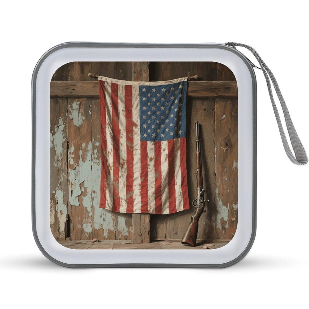 VstaDank Rustic American Flag CD Case Holder 40 Capacity Hard Plastic DVD Case Portable Zipper Disc Storage Organizer Large Storage EVA Protective Blu-ray Wallet for Home Games Disc