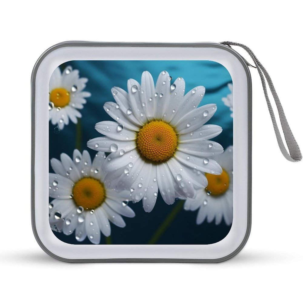 Rrtsmsgh Daisy Flowers CD Case Wallet 40 Capacity, Durable Waterproof Plastic CD/DVD Storage Case with Handle & Zip Closure, Portable DVD Disc Cases for Car, Office, Travel
