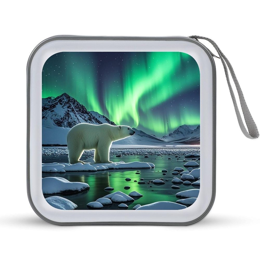 BTCOWZRV Polar Bears Northern Lights CD Case Hard Plastic 40 Capacity DVD Case Holders Wallet Portable Zipper CD Case DVD Storage Binder Disc Storage Organizer for Car Home Office Travel