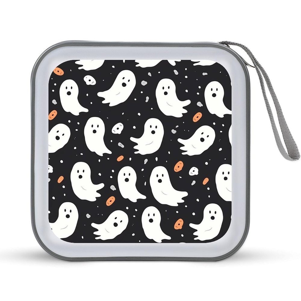 Rrtsmsgh Cute Ghost Halloween Pattern CD Case Wallet 40 Capacity, Durable Waterproof Plastic CD/DVD Storage Case with Handle & Zip Closure, Portable DVD Disc Cases for Car, Office, Travel