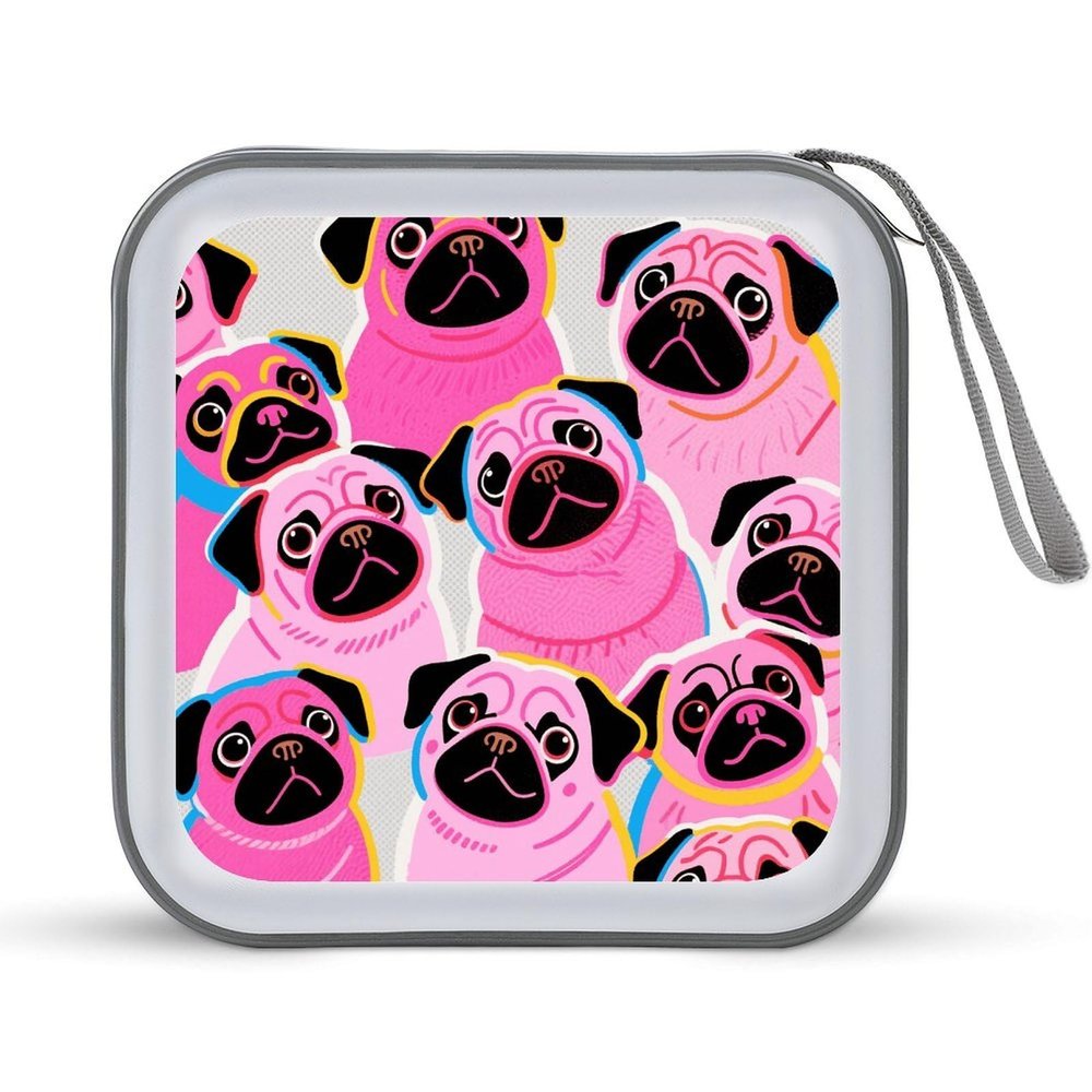 Rrtsmsgh Colorful Pugs Dogs CD Case Wallet 40 Capacity, Durable Waterproof Plastic CD/DVD Storage Case with Handle & Zip Closure, Portable DVD Disc Cases for Car, Office, Travel