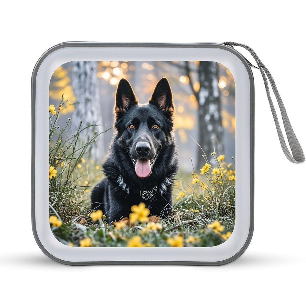 BTCOWZRV Black German Shepherd Dog CD Case Hard Plastic 40 Capacity DVD Case Holders Wallet Portable Zipper CD Case DVD Storage Binder Disc Storage Organizer for Car Home Office Travel