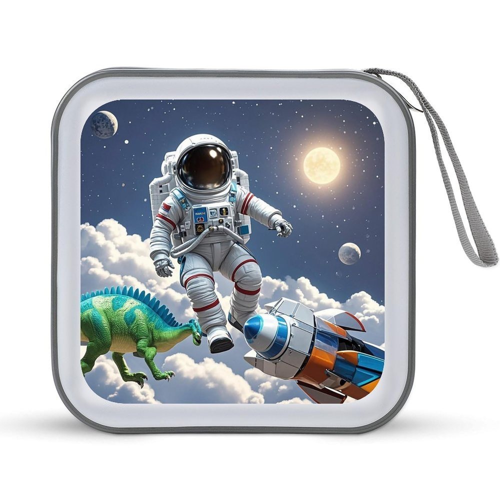 BTCOWZRV Funny Astronaut Dinosaur Rocket CD Case Hard Plastic 40 Capacity DVD Case Holders Wallet Portable Zipper CD Case DVD Storage Binder Disc Storage Organizer for Car Home Office Travel