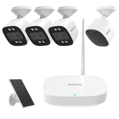 EROZ AURA Smart Home Security System with Mini Hub 3 Vigil Dual-Lens Cameras + 1 Opal 2K Camera, WiFi 6, AI Motion Detection, Color Night Vision, IP66 Outdoor Cameras, Local Storage, No Monthly Fees