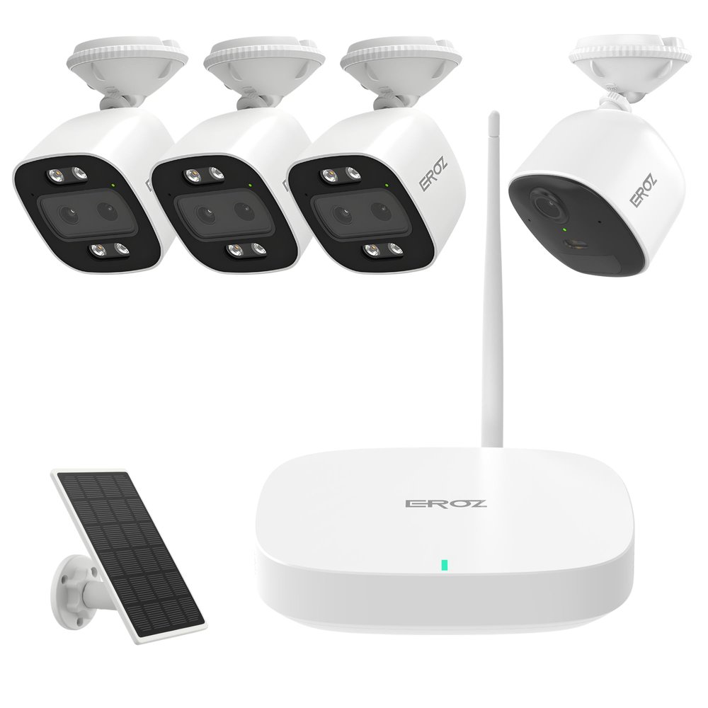 EROZ AURA Smart Home Security System with Mini Hub 3 Vigil Dual-Lens Cameras + 1 Opal 2K Camera, WiFi 6, AI Motion Detection, Color Night Vision, IP66 Outdoor Cameras, Local Storage, No Monthly Fees