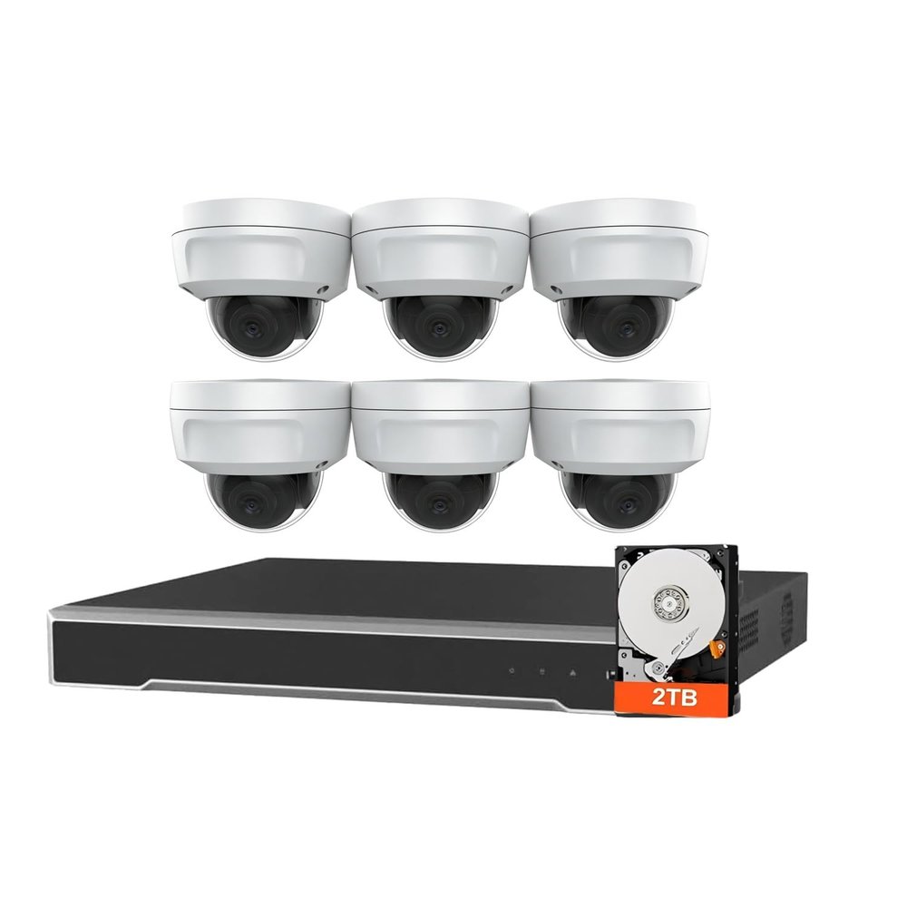 8 Channel IP Camera System, 4K 8ch PoE NVR Kits 2TB HDD + 6 x 4MP IP Turret Cameras ECI-D14F2, 2.8mm H.265+, 120dB WDR, EXIR 2.0 with 100ft