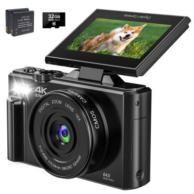4K 64MP Digital Camera with18X Zoom for Photography, 3" 180Flip Screen Compact Travel Camera Camera with 32GB Card & 2 Batteries