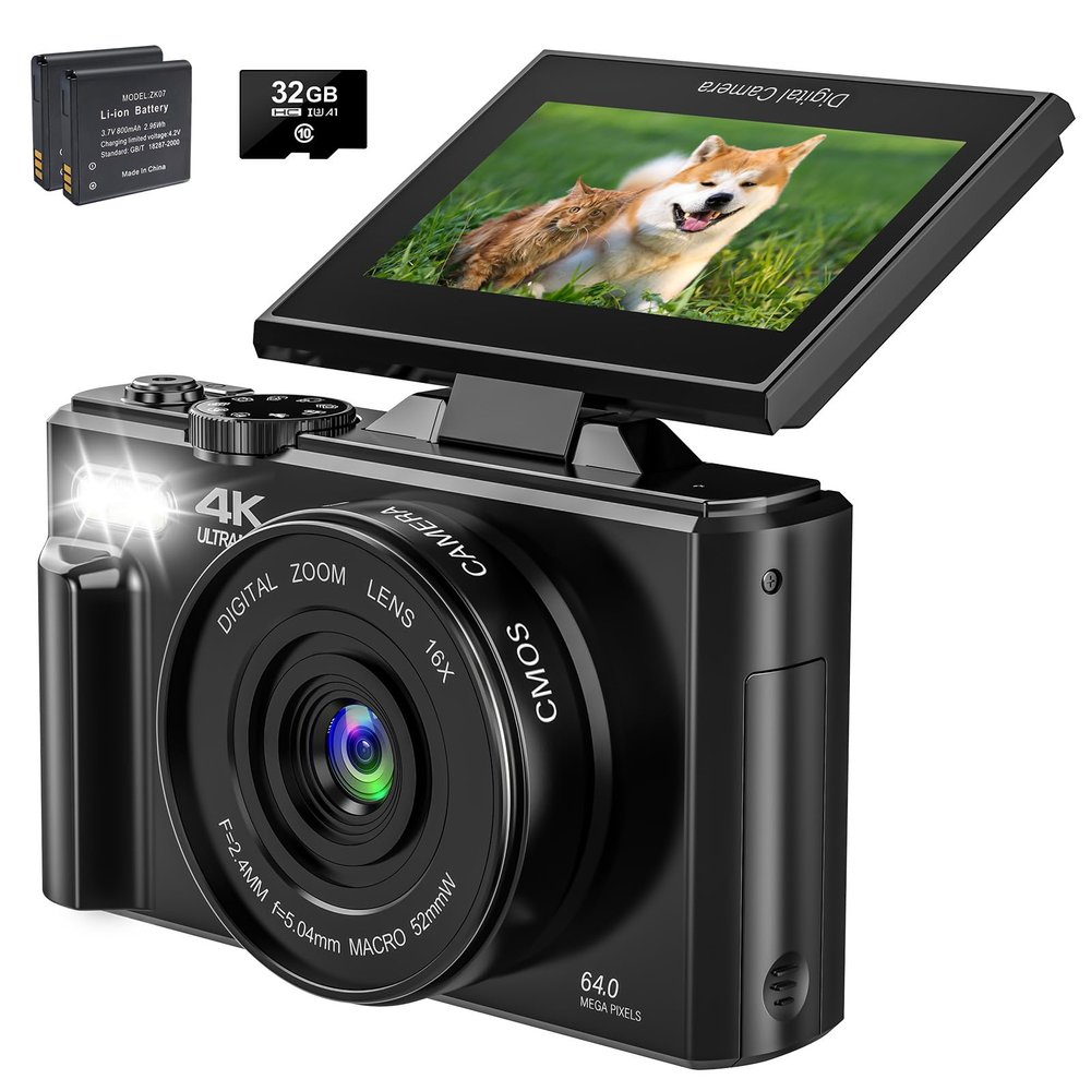 4K 64MP Digital Camera with18X Zoom for Photography, 3" 180Flip Screen Compact Travel Camera Camera with 32GB Card & 2 Batteries