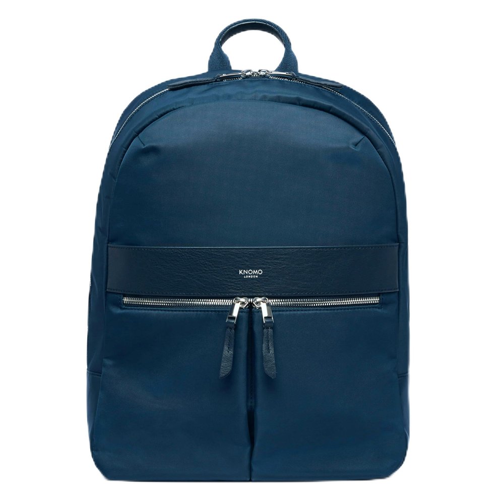 KNOMO Beauchamp 14-inch Work Laptop Backpack for Women- Slim Water-Resistant Business Rucksack with Leather Trim, RFID Protection, Hidden Pockets, and Trolley Sleeve-Navy/Silver