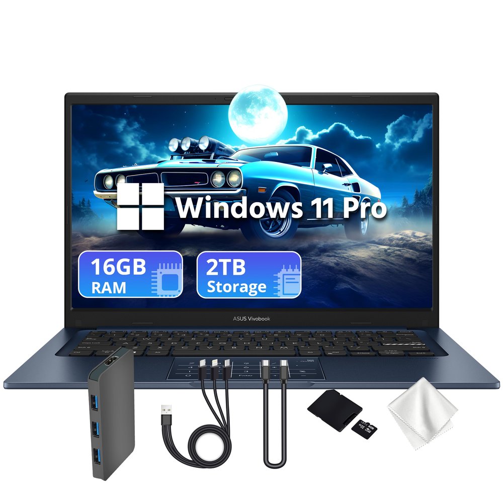 ASUS Vivobook 14" FHD Business Laptop with Number Pad, Intel Core 5 120U, Intel Graphics, 16GB RAM, 2TB Storage (1TB PCIe SSD&1TB Docking Station Set), 720p Webcam, HDMI, Win 11 Pro, Quiet Blue