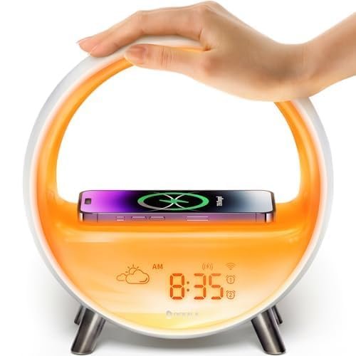 Dekala 5G Arches Gradual Sunrise Alarm Clock with Wireless Charging Loud Alarm Clock for Heavy Sleepers Sunset White Noise Sleep Sound Machine Bluetooth Speaker Night Light Touch/App/Button Control