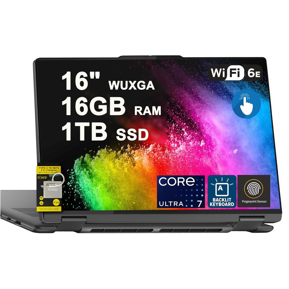 Lenovo Yoga 7 16 2-in-1 Laptop 16" WUXGA IPS Glossy Touch Intel 8-core Ultra 5 226V (Up to 40 Tops) 16GB DDR5 1TB SSD Backlit Fingerprint for Creator Business Professional Win11 ICP Hub w/Copilot AI