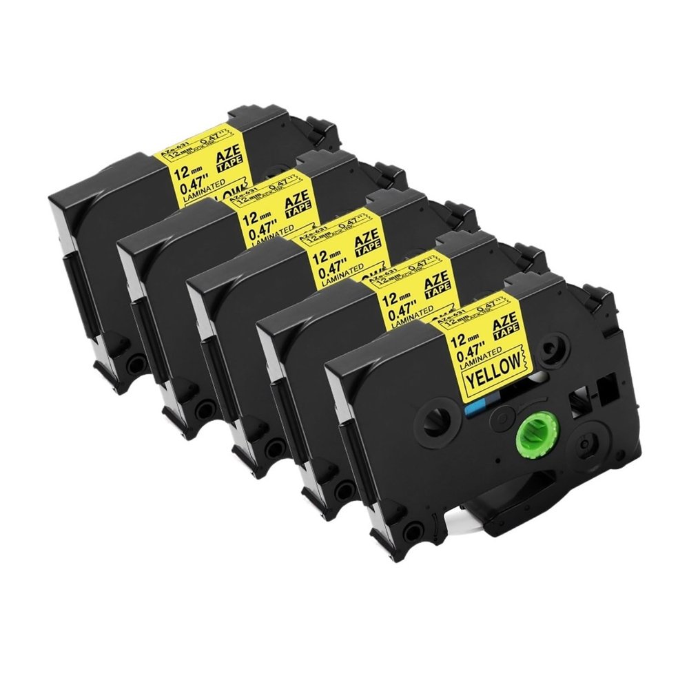 5PK Label Tape for P3100 E1000 Pro Ribbon Printer Black On White TZe-231 TZe-631,Compatible for Brother P-Touch(5pcs Black on Yellow)