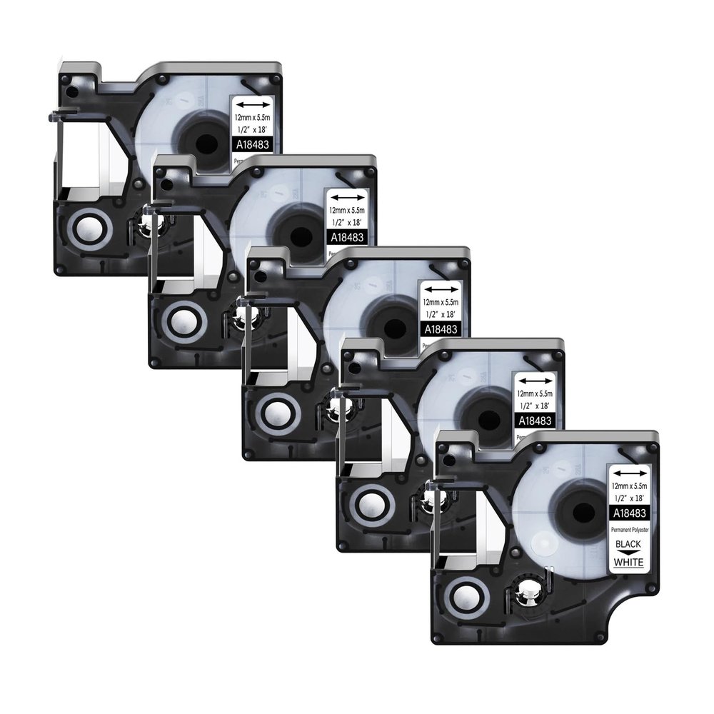 5Pcs Black On White Flexible Nylon Label TapeCompatibility for Dymo Rhino 9/12/19mm(5PK Polyester White,12mm)