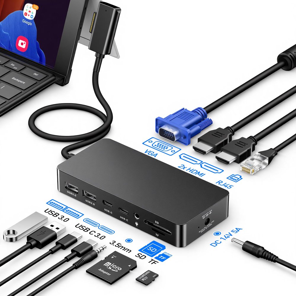 Surface Docking Station - 11-in-1 Triple Display Dock with Dual HDMI 4K, VGA, 2X USB-C, 2X USB 3.0, Ethernet, SD/TF Card Reader & 3.5mm Audio for Surface Pro 11/10/9/8/7/6/5, Surface Laptop, Book, Go