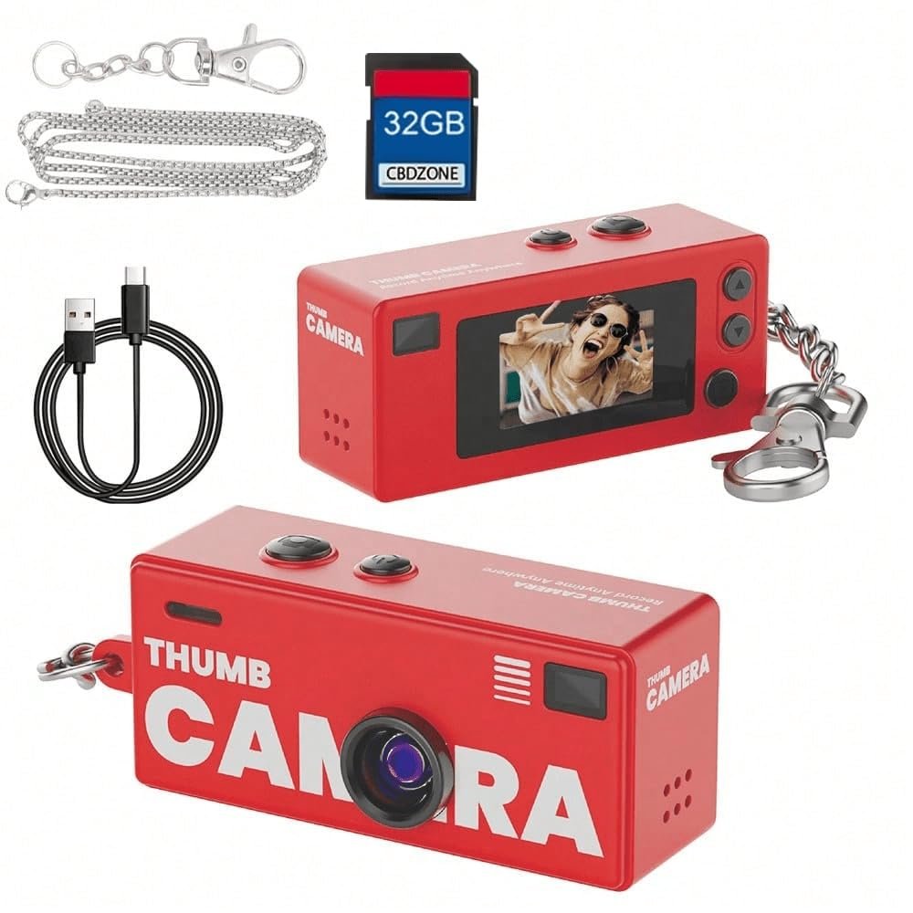 1080P Magic Mini Camera Thumb-Sized Keychain Camera 0.96-inch Micro Screen Retro Style Includes 32GB Memory Card (Red)