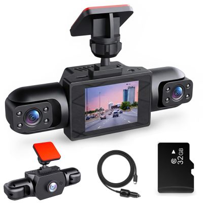 4-Lens 360 View Car Dash Cam Front, Rear, Left & Right, 4x1080P Fhd Car Camera Recorder, 24H Parking Mode, All-Round Recording, Night Vision & Loop Recording (Three Lenses + 32GB Memory Card)
