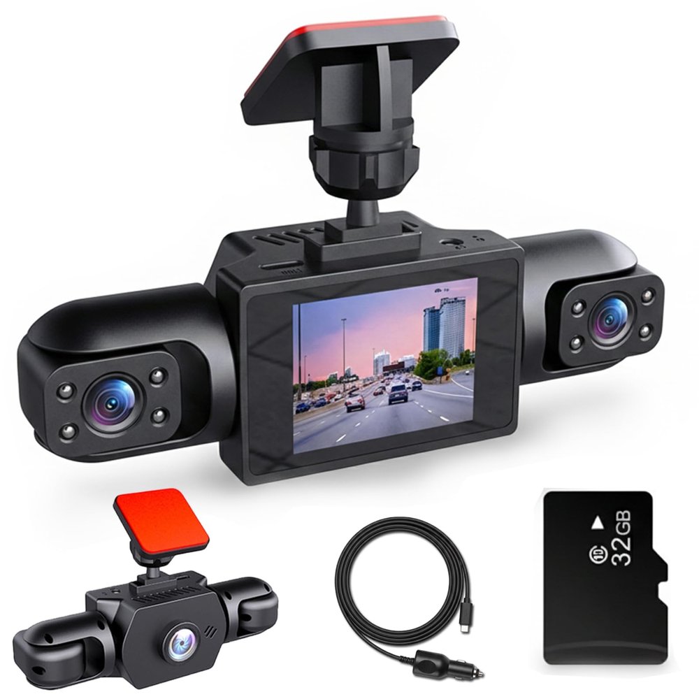 4-Lens 360 View Car Dash Cam Front, Rear, Left & Right, 4x1080P Fhd Car Camera Recorder, 24H Parking Mode, All-Round Recording, Night Vision & Loop Recording (Three Lenses + 32GB Memory Card)