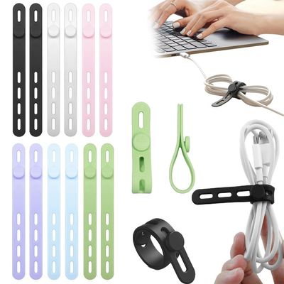 12pcs Silicone Cable Ties for Cords, High Elasticity Cord Organizer Wrap, Multi-Purpose Wire Management with Lock Buckle, Charger Cable Strap Ties for Earphone, Phone Charger
