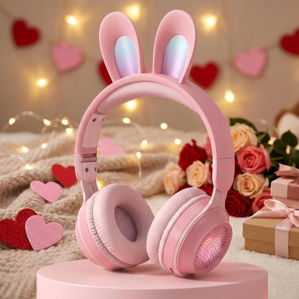 KERHAND Bluetooth Noise Cancelling Headphones for Kids,Foldable Cat Headphones with LED Light Up Ear,Cat Ear Headphones for Toddler with Microphone/TF Card,Kids Bluetooth Headphones (Rabbit Pink)