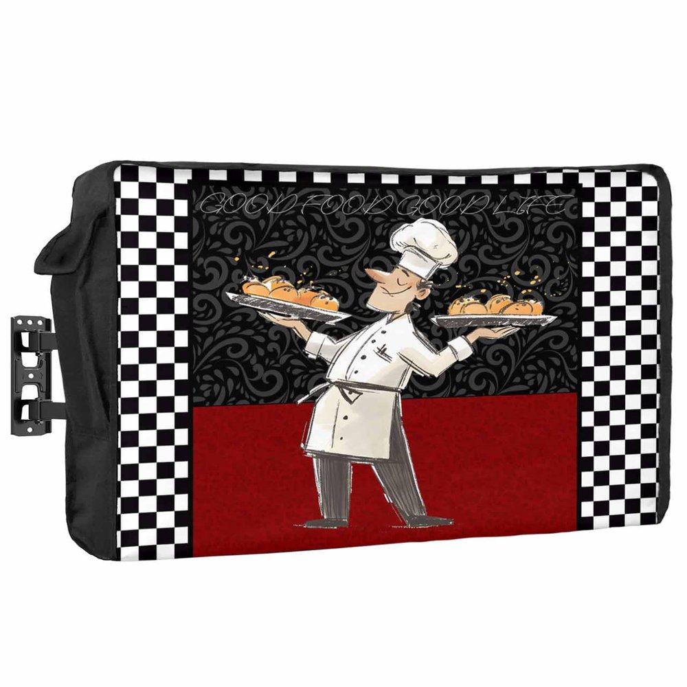 Chef Outdoor TV Cover 70"-75" Waterproof & Weatherproof TV Cover for Outside 600D Thick TVs Enclosure Cartoon Cute Watercolor Cooking Red Black Flat Television Display Screen Protector with Pocket