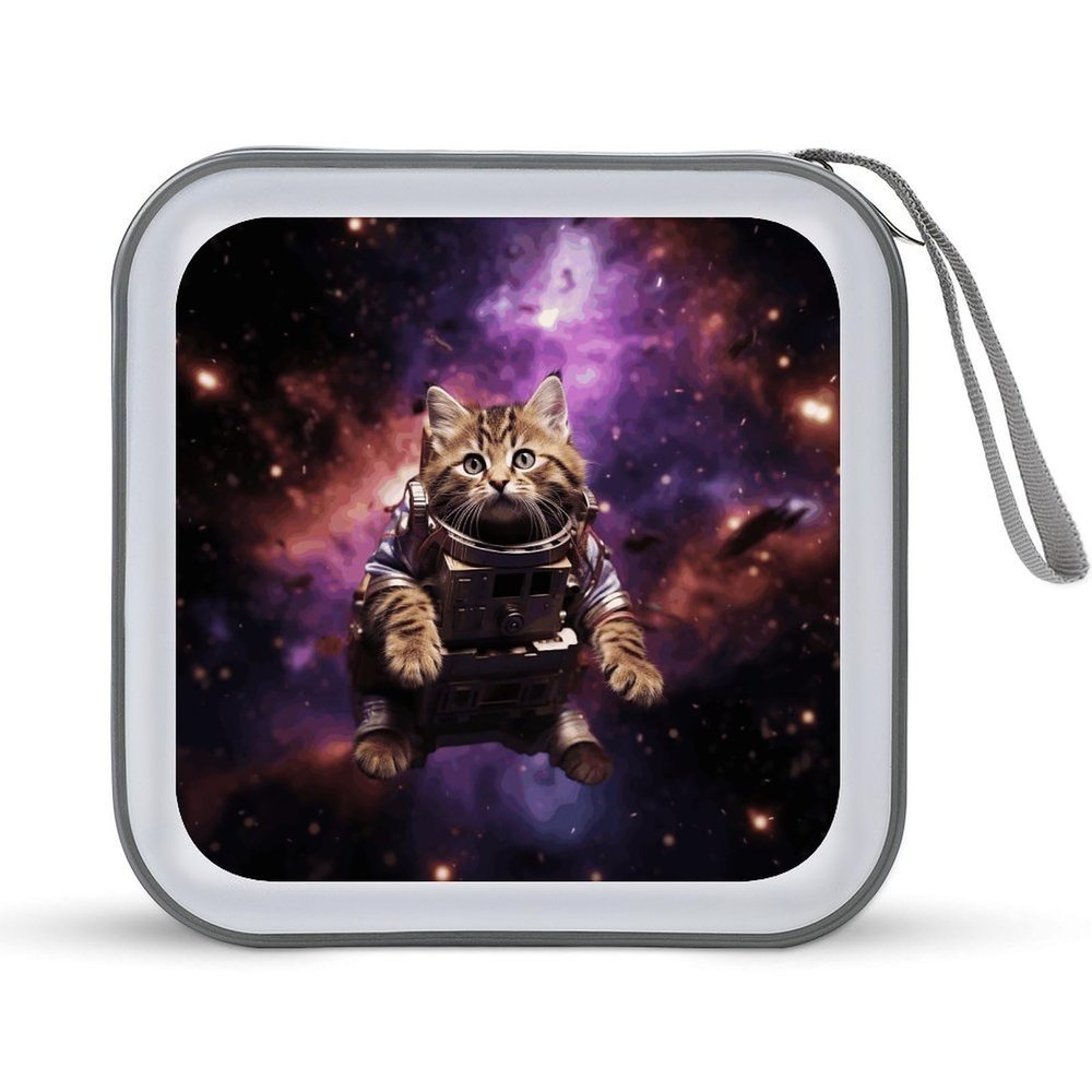 BTCOWZRV A Cat in Outer Space CD Case 40 Capacity Hard Plastic DVD Case Portable Zipper CD Cases Holder Large Storage Disc Wallet Bag DVD Disc Cases Storage Binder Home Travel