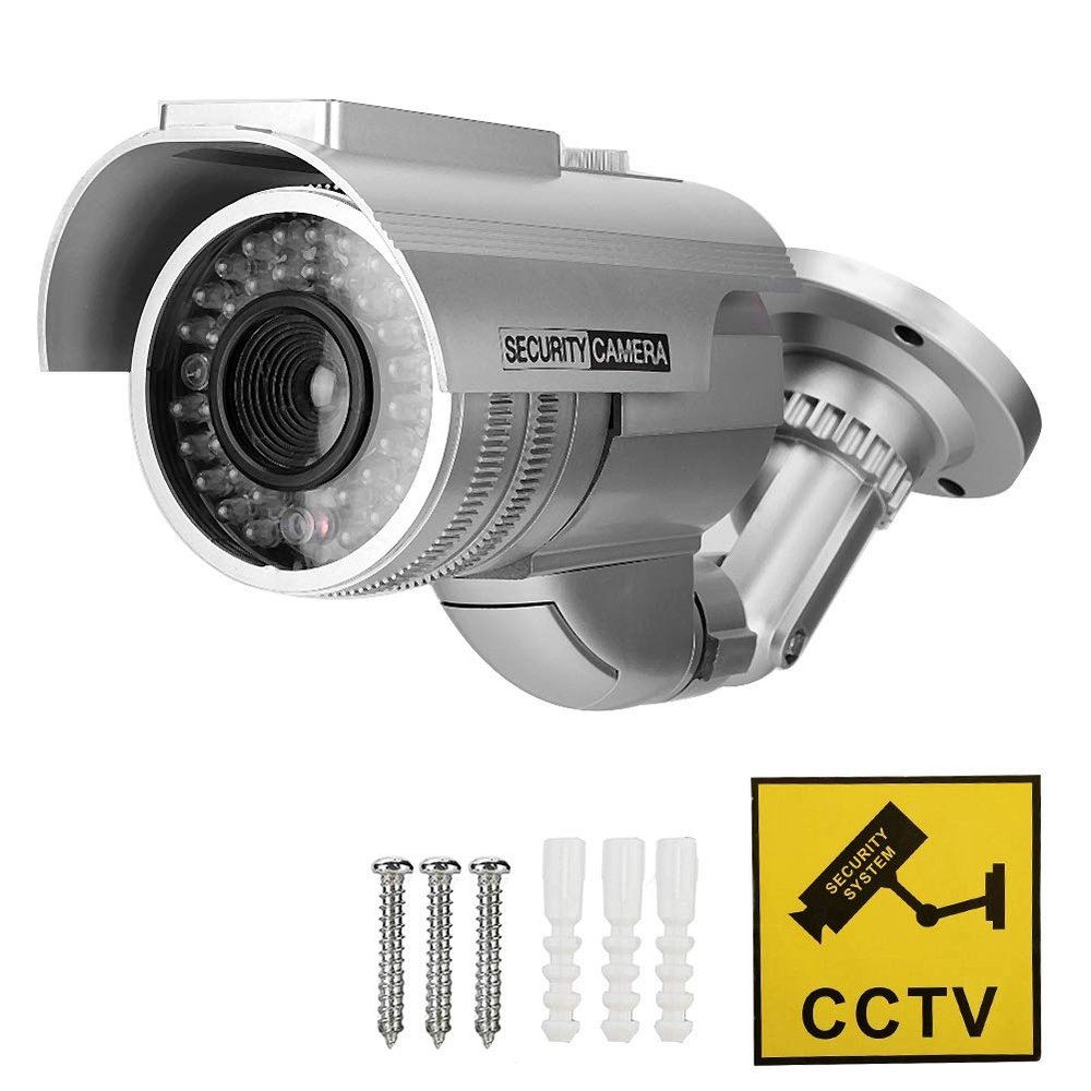 Solar Power Dummy Fake Security Camera, Shape LED Simulation Monitor, Fake Camera with Rotatable Design and Flashing Red Light, Outdoor Bracket Base for