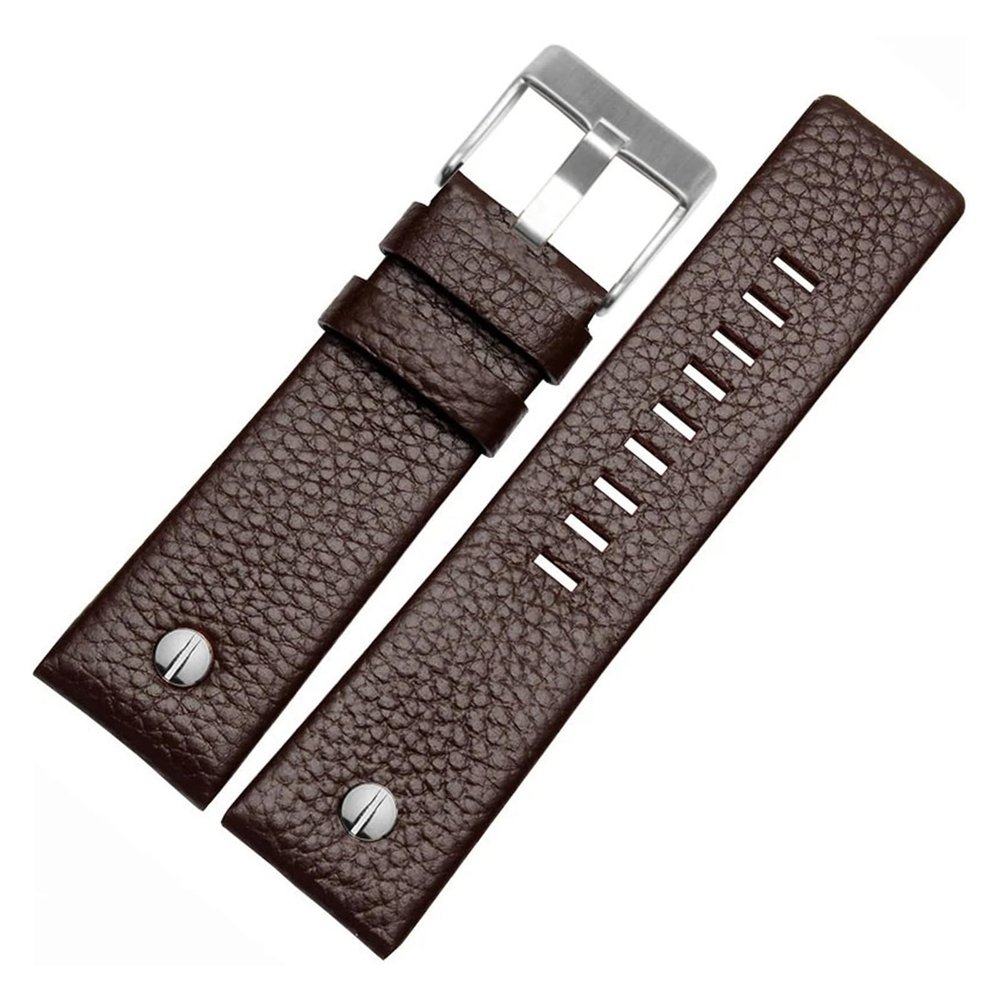 HuanJ Compatible With Diesel Watch Strap Leather Wrist Belt DZ7314 DZ7256 Watchbands 24MM 26MM 28MM 30MM With Rivets Lichee Pattern Bracelet(Brown-silver,28mm)