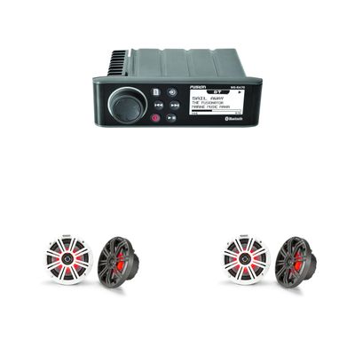 Fusion Entertainment MS-RA70 Marine Entertainment System with Bluetooth with 2 Pairs KM65 6.5-Inch (165mm) Marine Coaxial Speakers with 3/4-Inch Tweeters, LED, 4-Ohm, Charcoal and White Grilles