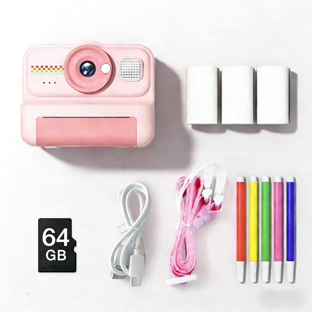 Kids Instant Print Camera, 1080P HD Kids Camera Instant Print with 3 Rolls Print Paper & 64GB Card, Ideal Kid Toys Gifts for Boys & Girls Age 3-16 (Pink (64GB Memory))