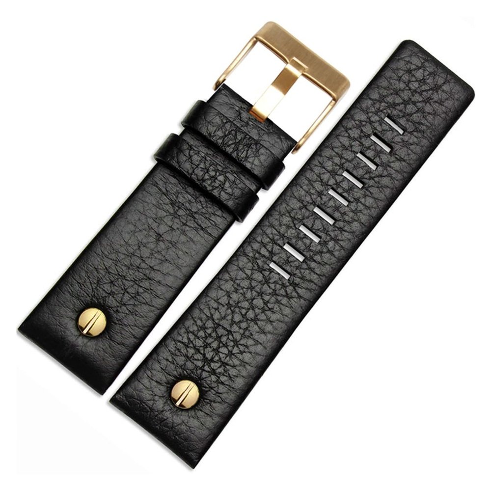 HuanJ Compatible With Diesel Watch Strap Leather Wrist Belt DZ7314 DZ7256 Watchbands 24MM 26MM 28MM 30MM With Rivets Lichee Pattern Bracelet(Black-gold,26mm)