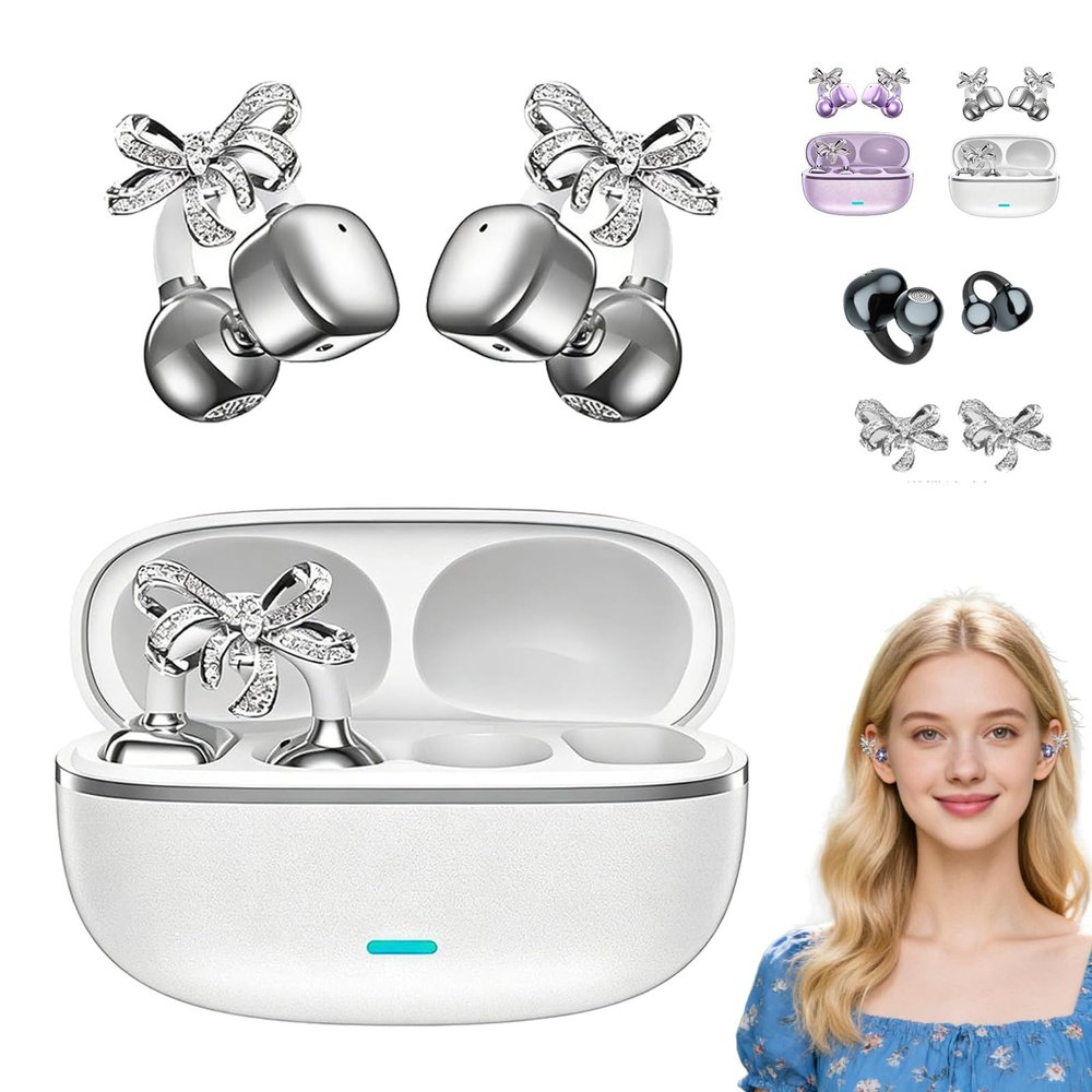 2026 New Clip-On Open-Ear Headphones  Wireless Bluetooth Earbuds with AI Noise Cancelling, Rhinestone Decor,144 Languages Ai Translation Earbuds for Women, IPX7 Water Resistant (1PC,Silver)