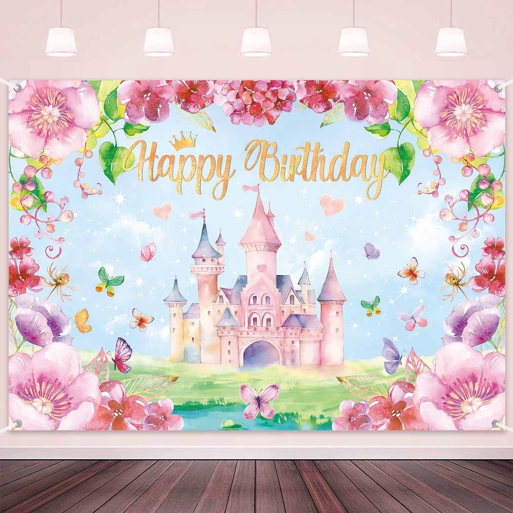 LDWLYW 8x6ft Princess Happy Birthday Backdrop Banner Pink Princess Castle Birthday Party Decorations Supplies for Girls Butterfly Flower Castle Theme Photography Background Wall Decor