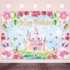 LDWLYW 8x6ft Princess Happy Birthday Backdrop Banner Pink Princess Castle Birthday Party Decorations Supplies for Girls Butterfly Flower Castle Theme Photography Background Wall Decor view 1