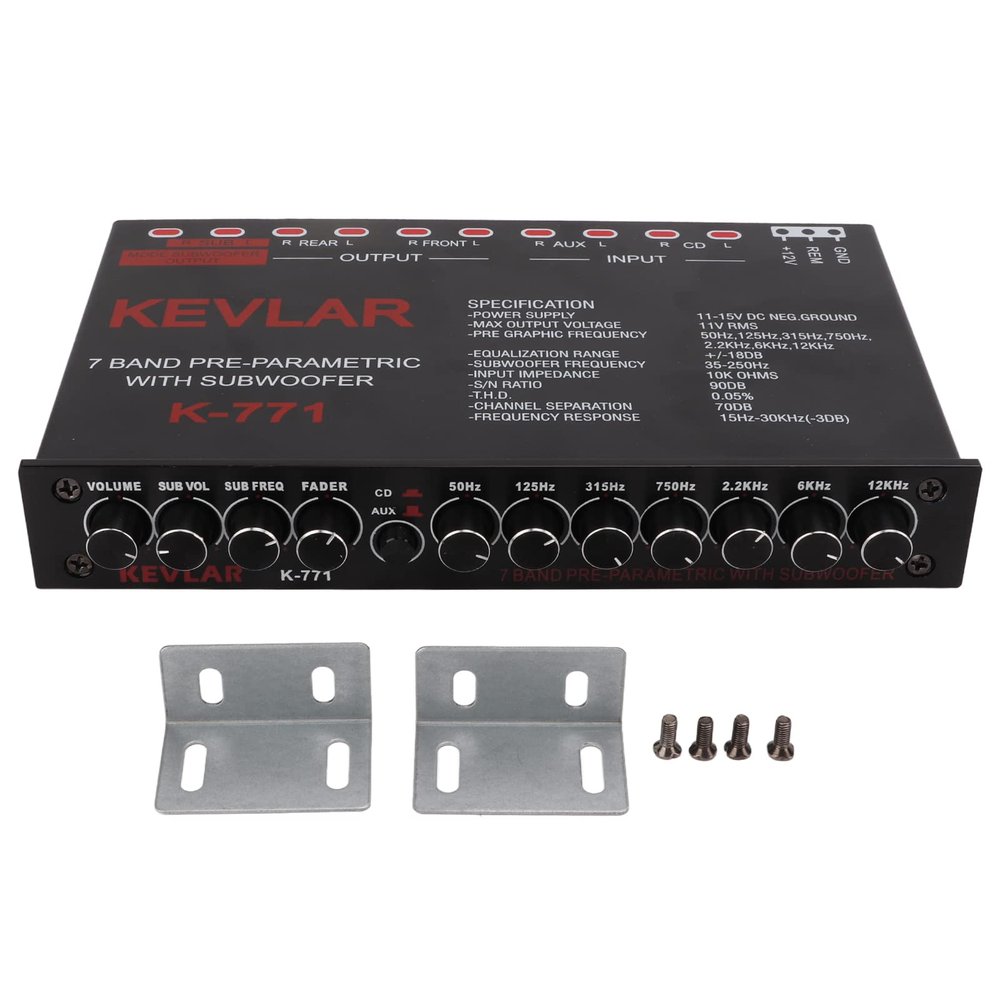 Car Audio Graphic Equalizer Universal 7 Band EQ for Stereo System - Low Pass Filter and Variable Gain Adjustment - Independent Subwoofer and Main Volume Control - High Level