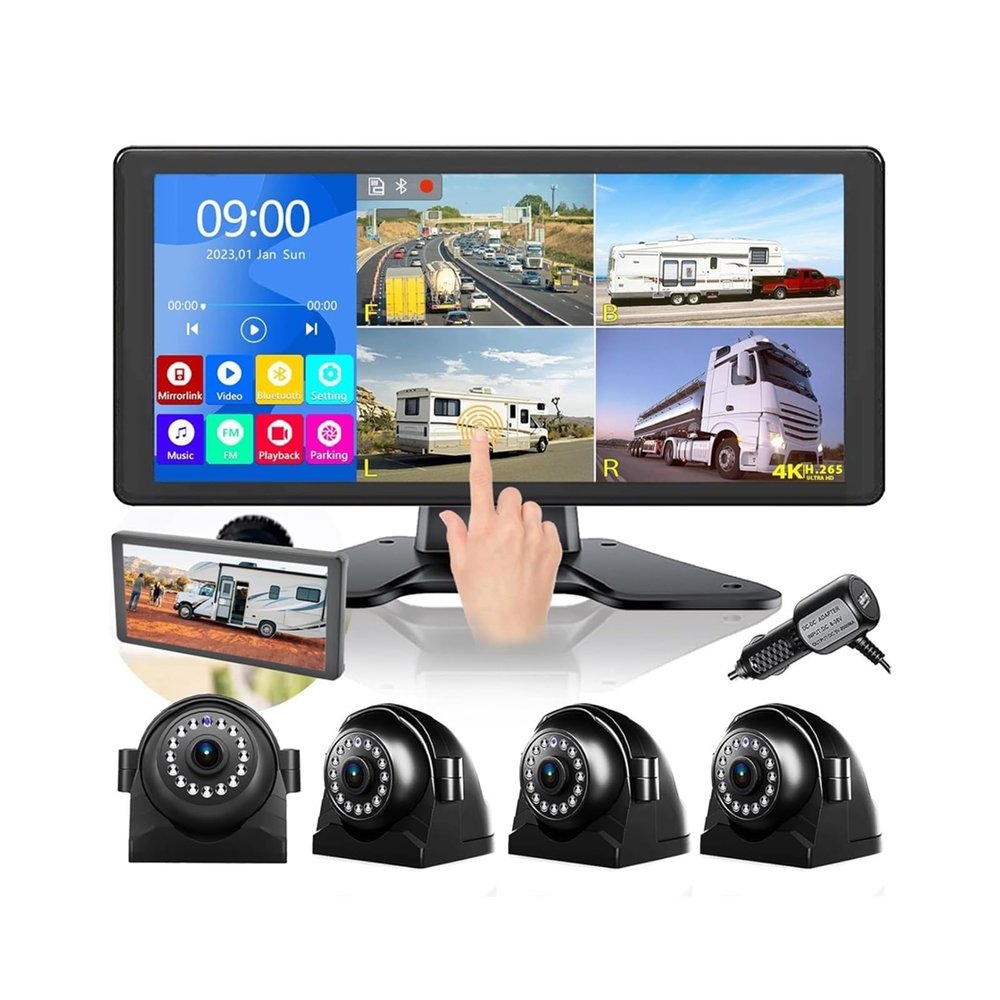 10.36 4K RV Backup Camera System 10.36" Quad Split Touch Screen Monitor With 4 1080P Rear Side View Camera For RV Truck Trailer(64G)