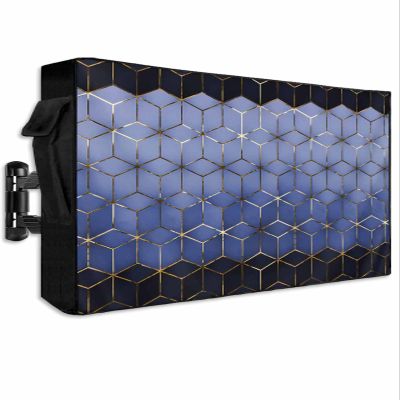 Abstract Stereo Cube Outdoor TV Cover 60 to 65 inches Weatherproof Modern Gradient Black Blue Comb Grid Cubes Outdoor TV Enclosure with Zipper Screen Protectors for Outside Flat Screen Televisions