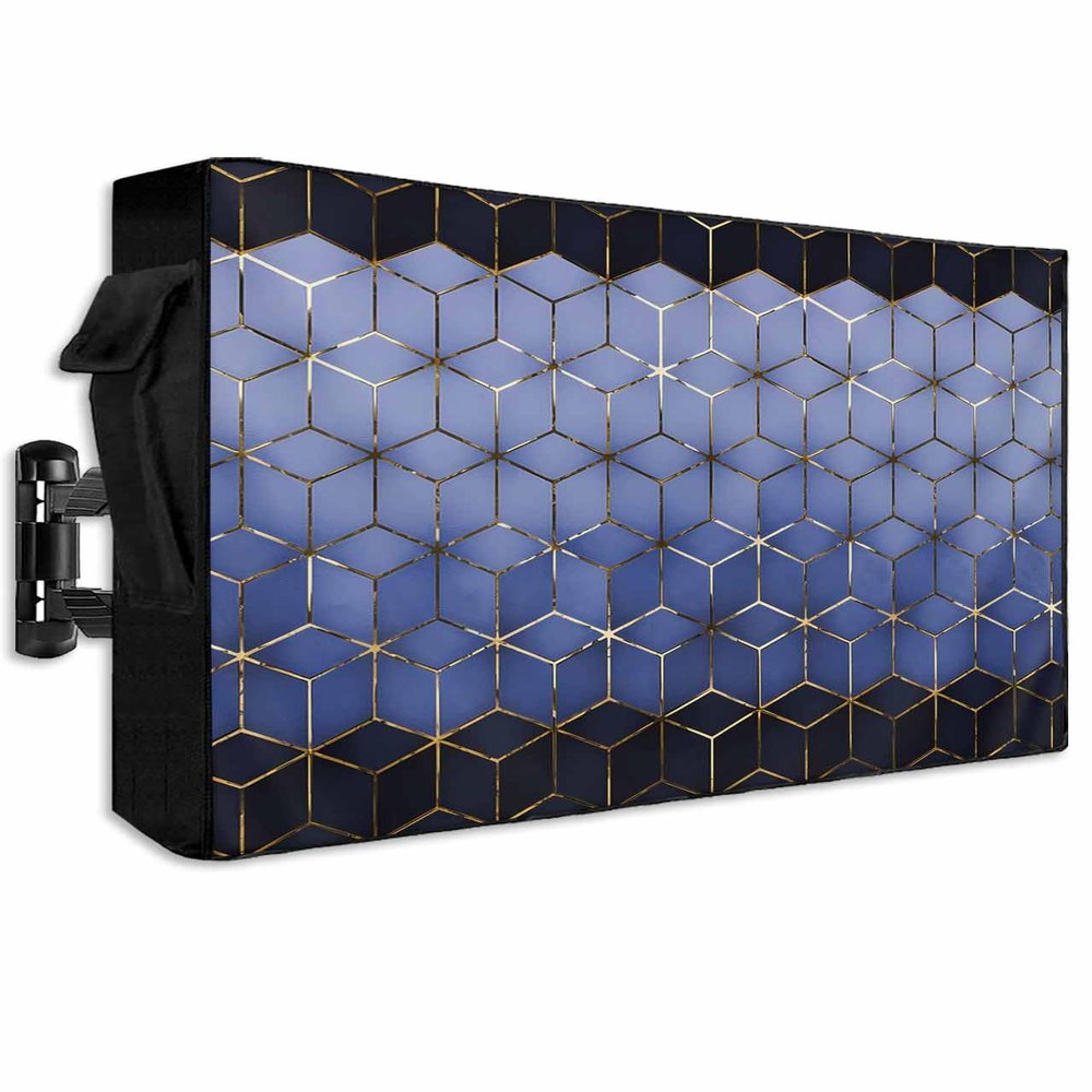 Abstract Stereo Cube Outdoor TV Cover 60 to 65 inches Weatherproof Modern Gradient Black Blue Comb Grid Cubes Outdoor TV Enclosure with Zipper Screen Protectors for Outside Flat Screen Televisions