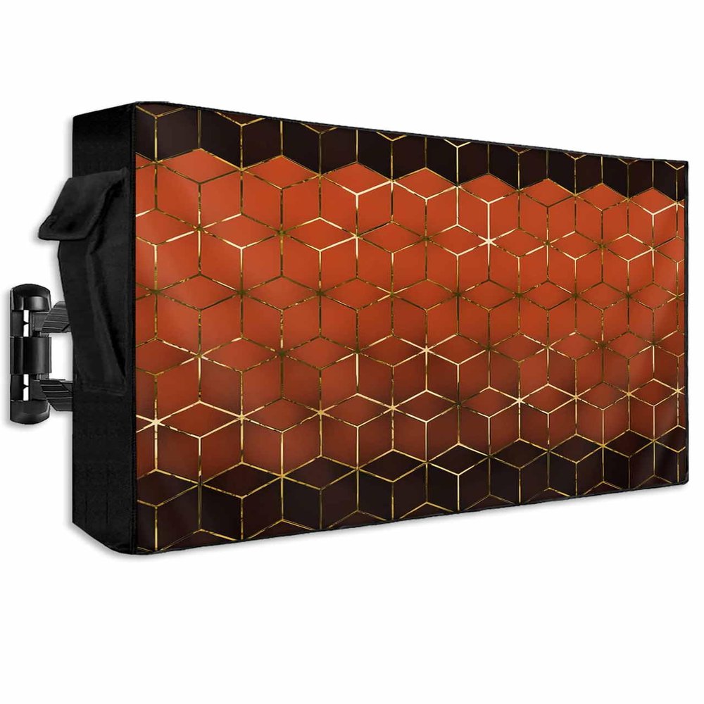 Abstract Stereo Cube Outdoor TV Cover 70 to 75 inches Weatherproof Modern Gradient Orange Gold Comb Grid Cubes Outdoor TV Enclosure with Zipper Screen Protectors for Outside Flat Screen Televisions
