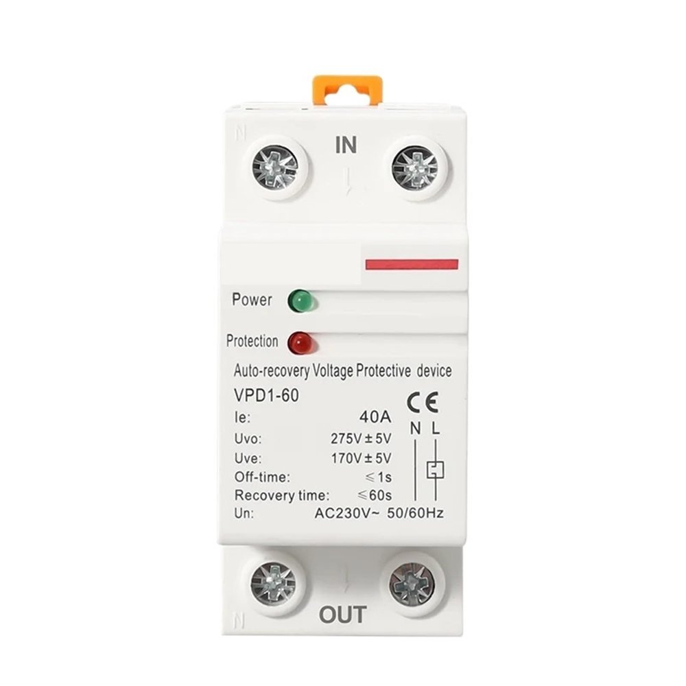 1 Pcs 40A 230V Din Rail Automatic Recovery Reconnect Over Voltage and Under Voltage Protective Device Protection Relay(60A)